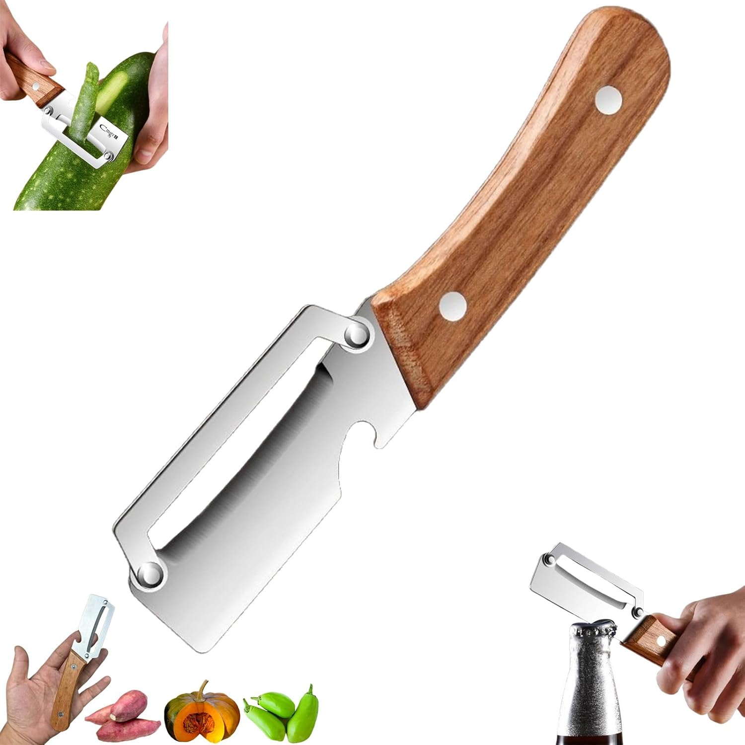 Multi-Functional Vegetable Peeler – Premium Stainless Steel Single Blade Peeler with Wooden Handle & Bottle Opener