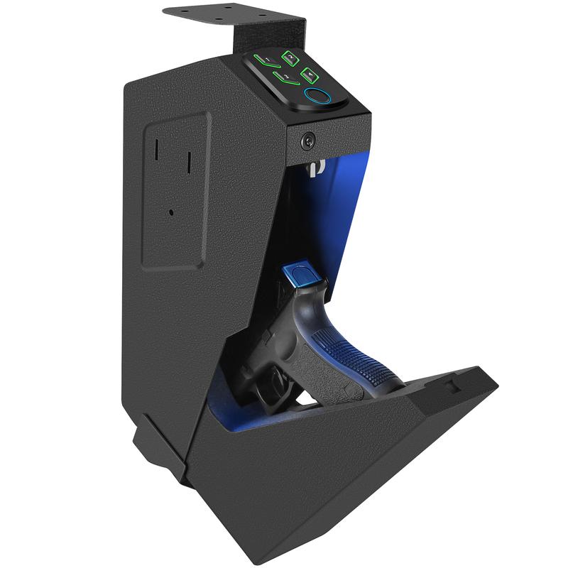 Biometric Handgun Safe for Nightstand & Desk – Auto-Open Fingerprint Gun Safe with Backlit Keypad & Key Access