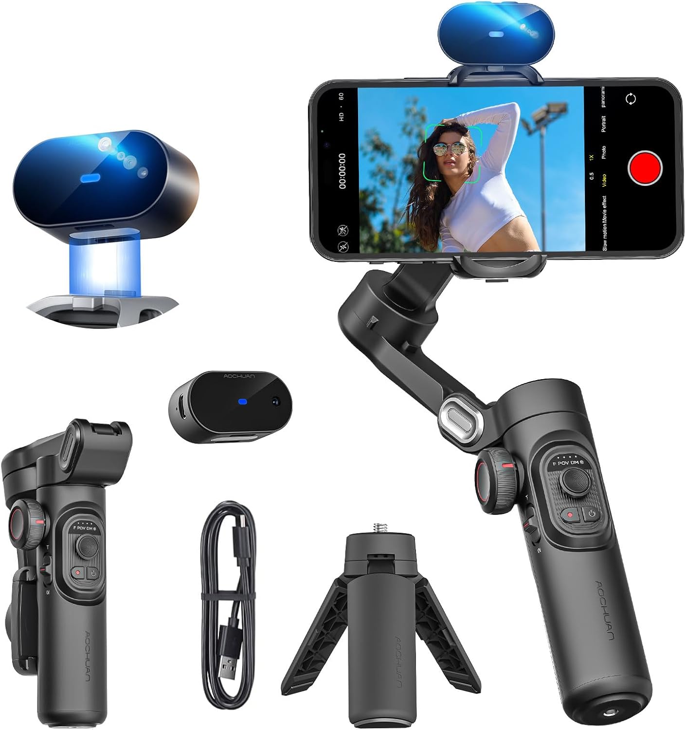 AI Gimbal Stabilizer for Smartphone – No App AI Tracking, Gesture Control, 3-Axis Foldable Handheld Tripod for iPhone & Android