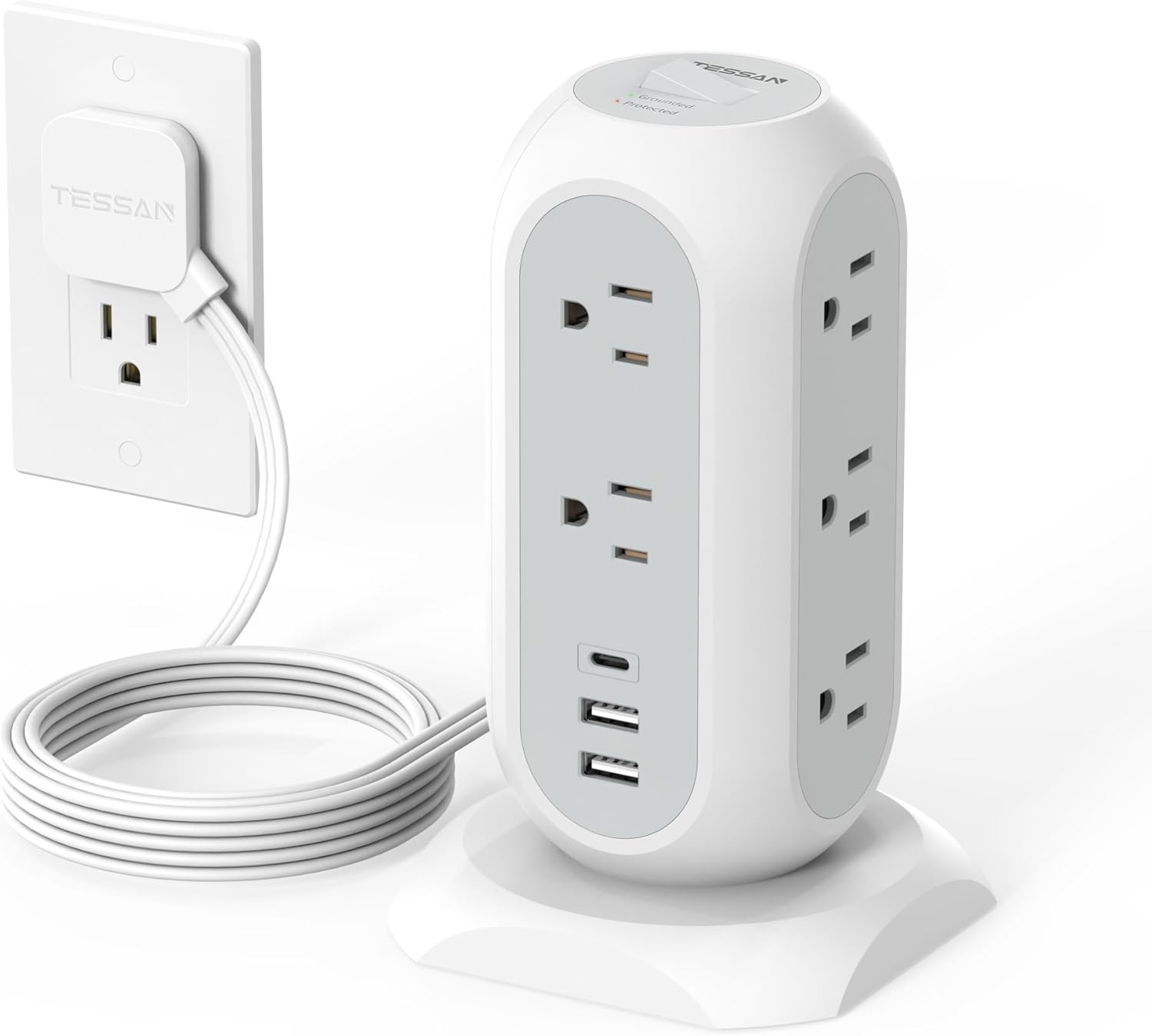 Tower Power Strip with Flat Plug – 11 Outlets & 3 USB (USB-C), 1625W Surge Protector (1050J) with 6ft Extension Cord for Office & Dorm