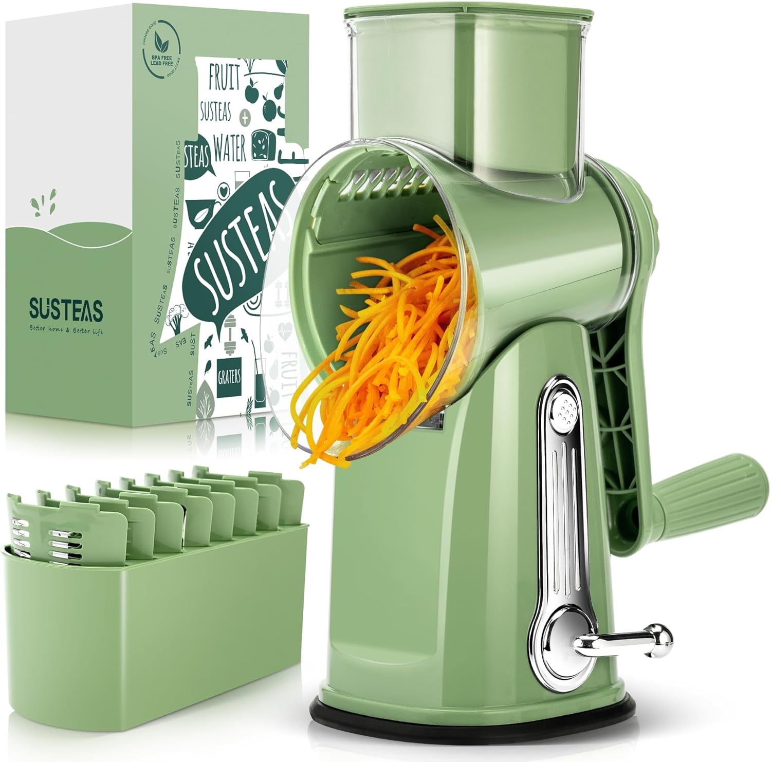 Rotary Cheese Grater with Handle – Vegetable Shredder with 5 Blades & Strong Suction Base, Mandoline Slicer for Kitchen