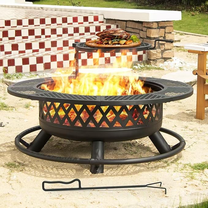 Fogata Exterior de 42 Pulgadas con Parrilla, Fogón Redondo Metálico 3 en 1 de Leña con Tapa y Atizador, Mesa Fogata para Patio y Jardín