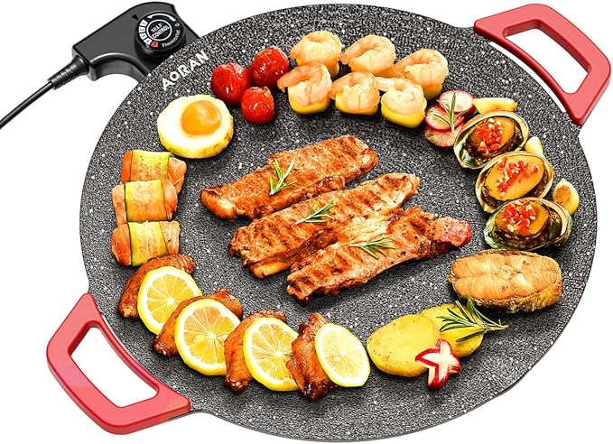 Plancha eléctrica de 1000 W, placa redonda antiadherente de 14 pulgadas, parrilla de interior sin humo con control de temperatura ajustable, fácil de limpiar