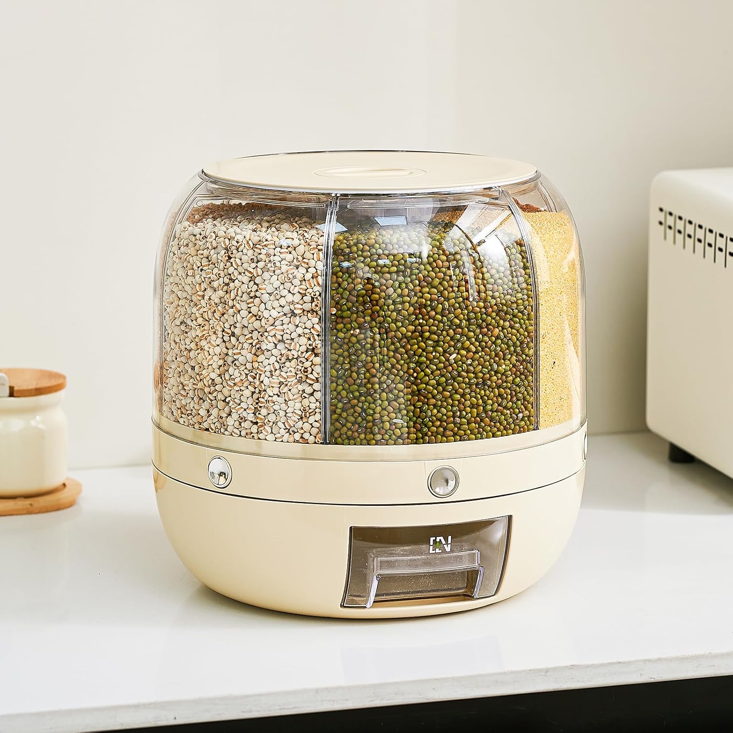 Rice Dispenser | 360° Rotating Grain Storage Container – 6 Compartments, Large 20-lb Capacity, Moisture-Proof Food Container, One-Click Dispensing for Rice, Sugar, Beans & Pet Food – Kitchen Pantry Organizer